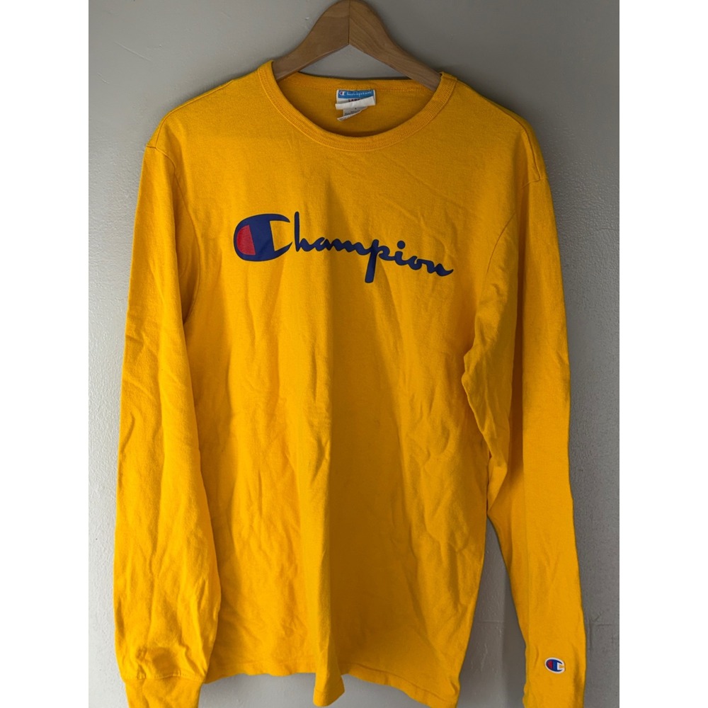 Champion Mens Long Sleeve Graphic T-Shirt Yellow Script Logo Crewneck Large